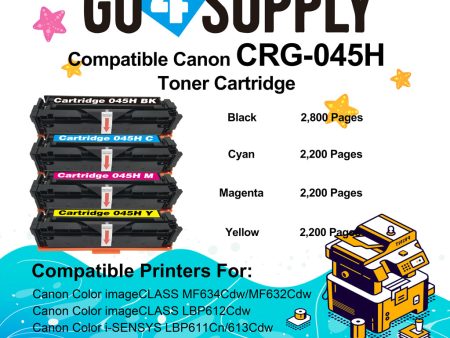 Compatible (High-Yield Page) CANON CRG-045H CRG045H (BCMY) Set Toner Cartridge Used for Color imageCLASS MF634Cdw LBP612Cdw MF632Cdw; i-SENSYS MF631Cn 633Cdw 635Cx LBP611Cn 613Cdw on Sale