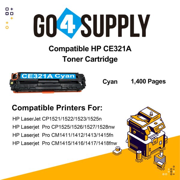 Compatible HP Cyan CE321A Toner Cartridge Used for HP LaserJet CP1521 1522 1523 1525n; Pro CP1525 1526 1527 1528nw; Pro CM1411 1412 1413 1415fn; Pro CM1415 1416 1417 1418fnw Printer Fashion