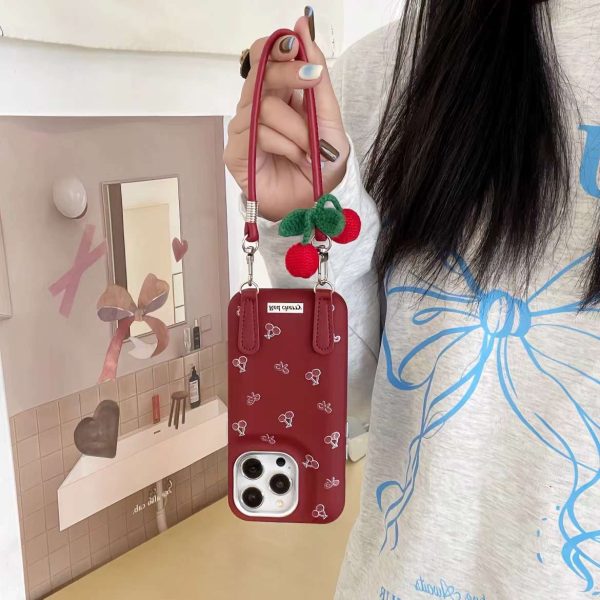 Cherry Pattern Leather Designer Case with Charm Holder for iPhone Sale