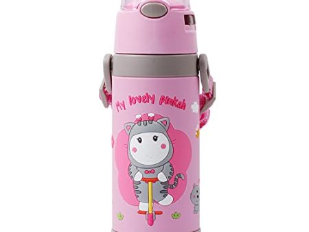 (PINKAH) 3D Cartoon Kids Bottle with Straw and Strap | Stainless Steel (500ML) - Pink on Sale