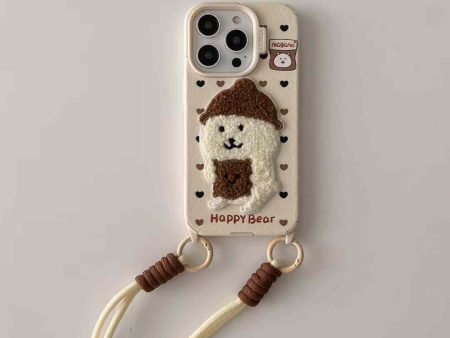 Happy Bear Embroided Silicon Leather iPhone Case With String Holder For Sale