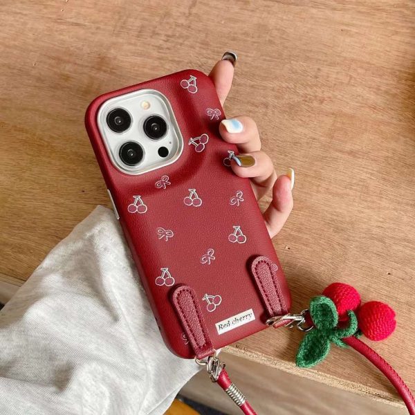 Cherry Pattern Leather Designer Case with Charm Holder for iPhone Sale