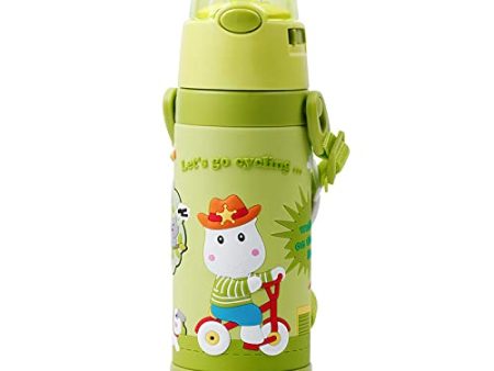 (PINKAH) 3D Cartoon Kids Bottle with Straw and Strap | Stainless Steel (500ML) - Olive Green Discount